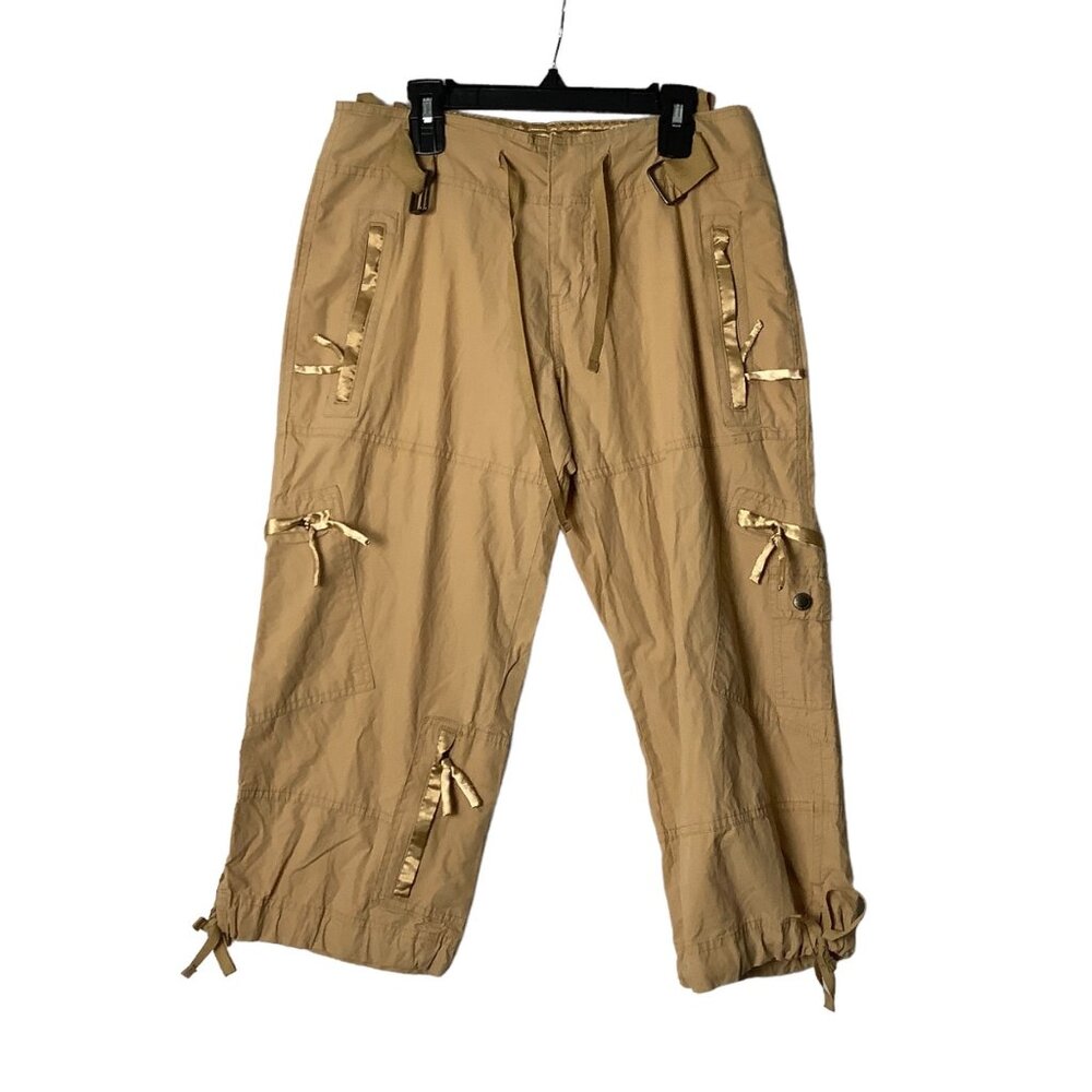 Steve & Barry's Cargo Capris Pants Women 4 Beige Bows Zippers Gorpcore Cotton